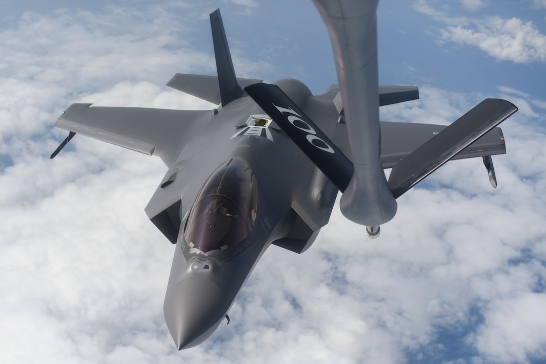 A U.S. Air Force F-35A Lighting II assigned to the 388th Fighter Wing, Hill Air Force Base, Utah, approaches a KC-135 Stratotanker assigned to the 351st Air Refueling Squadron, RAF Mildenhall, England, to receive fuel over the Baltic Sea July 13, 2019. The F-35 is deployed to the U.S. European Command area of responsibility to demonstrate U.S. commitment to the security and stability of Europe.  (U.S. Air Force photo by Airman 1st Class Joseph Barron)
