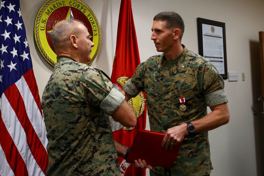 LtCol Justin Hubert was awarded the Meritorious Service Medal as his tour at U.S. Marine Corps Forces, South came to an end, June 27, 2019.