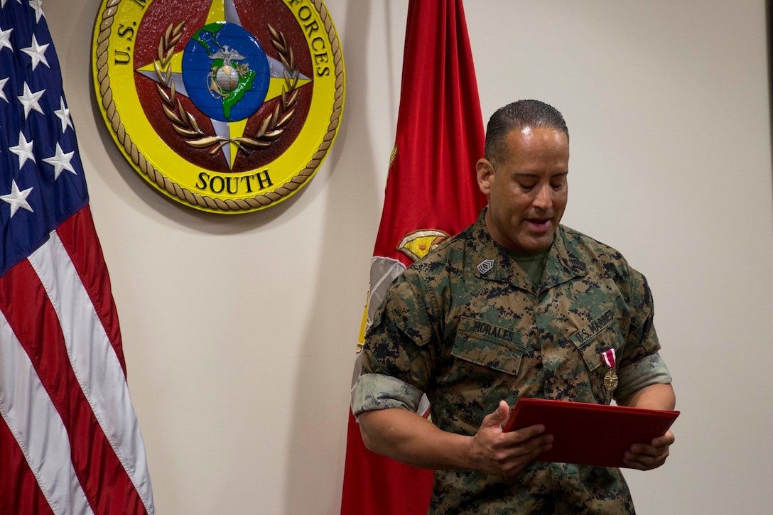 MSgt Juan Morales was awarded Meritorious Service Medal as his tour at U.S. Marine Corps Forces, South came to an end, June 27, 2019.