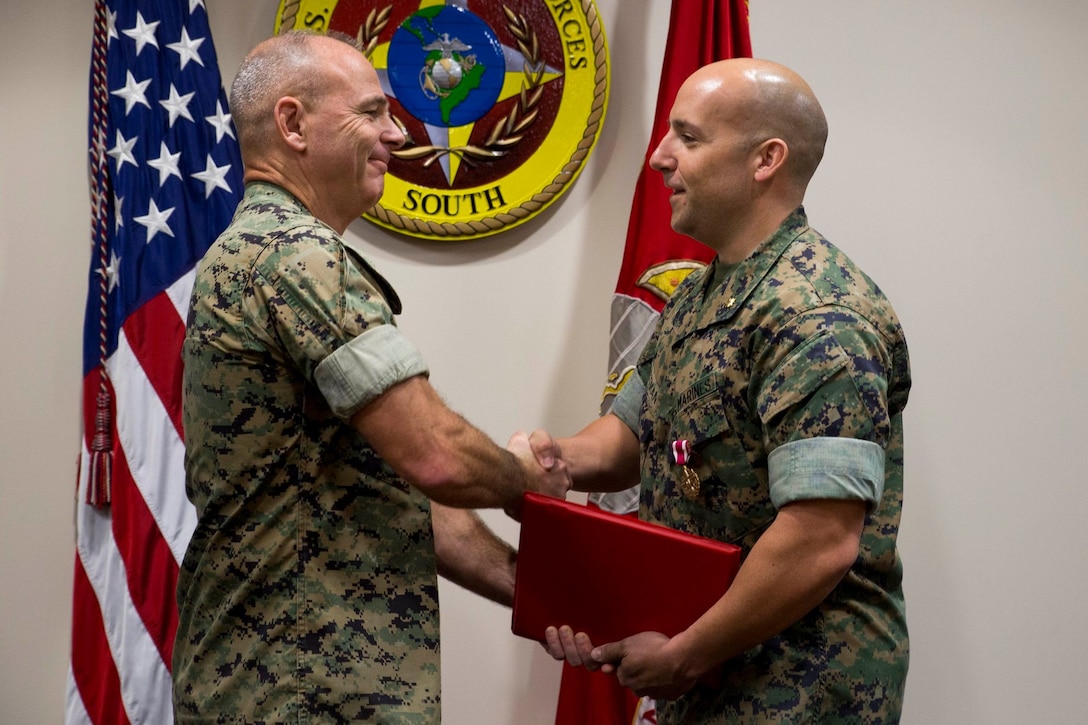 Maj Justin Eastman was awarded Meritorious Service Medal as his tour at U.S. Marine Corps Forces, South came to an end, June 27, 2019.