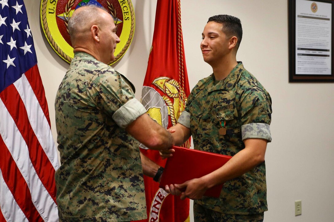 Sgt Michael Ortiz was awarded the Navy and Marine Corps Achievement Medal as his tour at U.S. Marine Corps Forces, South came to an end, June 27, 2019.