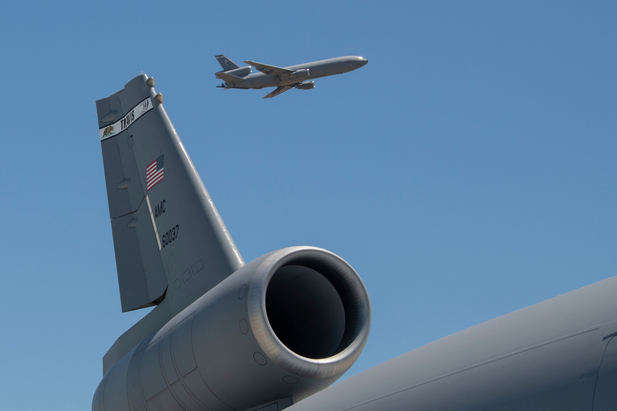 U.S. Air Force KC-10 Extender tanker aircraft based at Travis Air Force Base, California, July 11, 2019. Although the KC-l0’s primary mission is aerial refueling, it can combine the tasks of a tanker and cargo aircraft by refueling fighters while simultaneously carrying support personnel and equipment. (U.S. Air Force photo by Heide Couch)