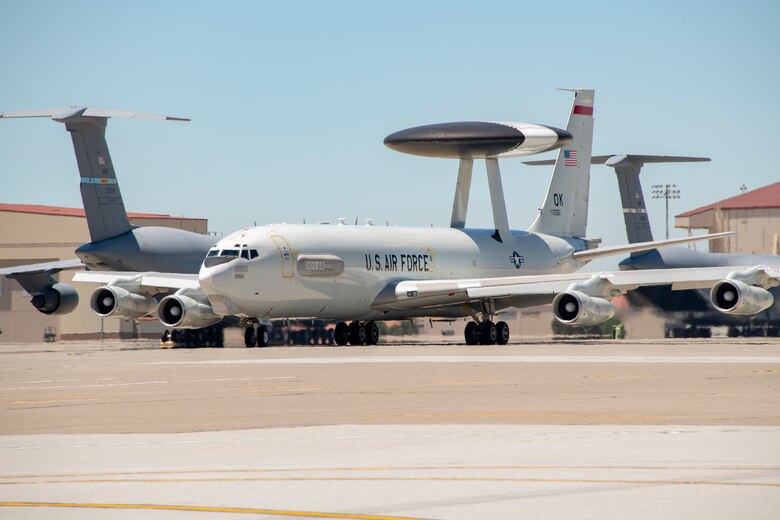 An E-3 Sentry Airborne Warning and Control System aircraft departs July 11, 2019, at Travis Air Force Base, California. The aircraft is equipped with a 30-foot-wide radar subsystem that permits surveillance up to the Earth's stratosphere and is assigned to Tinker Air Force Base, Oklahoma. (U.S. Air Force photo by Heide Couch)