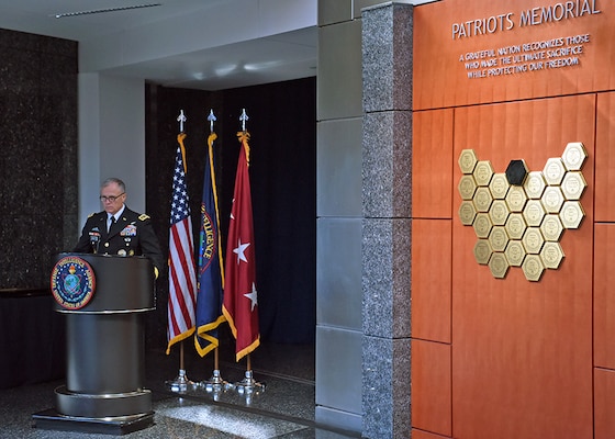 DIA Director Lt. Gen. Robert P. Ashley Jr. spoke during the awards and Patriots Memorial unveiling ceremony in honor of Scott Wirtz, July 15.