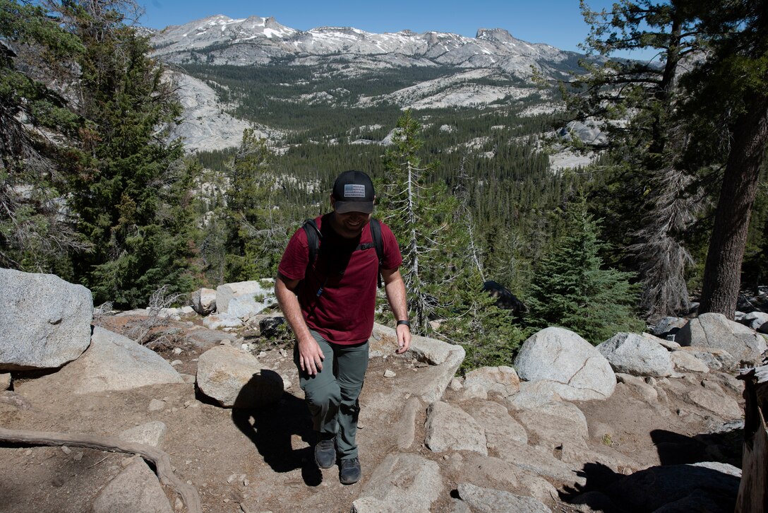 U.S. Air Force Staff Sgt. Jarret Redhair, 22nd Airlift Squadron C-5M Super Galaxy fli . The Airmen hiked to Cloud’s Rest covering 14.57 miles as they climbed to 9,926 feet above sea level. The hike was organized to enhance the Airmen’s physical, mental and spiritual resiliency. (U.S. Air Fore photo by Tech. Sgt. James Hodgman)