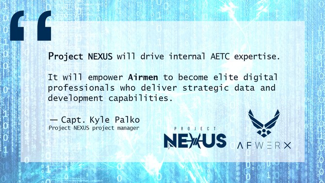Illustration showing a quote about Project NEXUS from Capt. Kyle Palko. Project NEXUS, an Air Force beta test aimed at learning the best ways to introduce more technologically ready Airmen into units, will consist of three cohorts of six Airmen, who come from various Air Force specialties and backgrounds. (U.S. Air Force Illustration by 2nd Lt. Robert Guest)