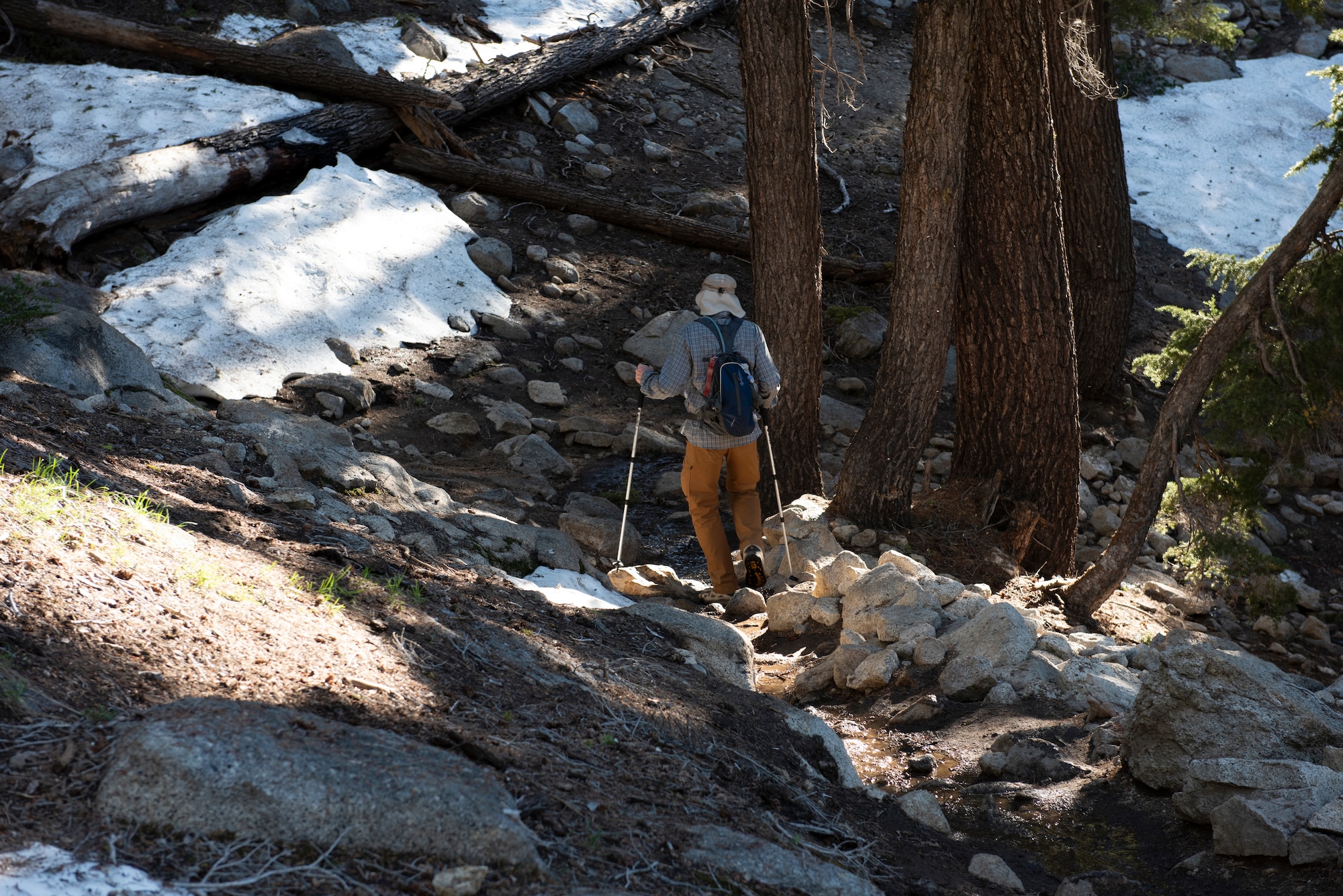 Retired U.S. Air Force Master Sgt. Terry Hendricksen, 60th Force Support Squadron outdoor recreation equipment repair technician, hikes toward lower elevation July 13, 2019, at Yosemite National Park, California. Hendricksen joined nearly four dozen Airmen from Travis Air Force Base, California, to hike to Cloud’s Rest covering 14.57 miles as they climbed to 9,926 feet above sea level. The hike was organized to enhance the Airmen’s physical, mental and spiritual resiliency. (U.S. Air Fore photo by Tech. Sgt. James Hodgman)