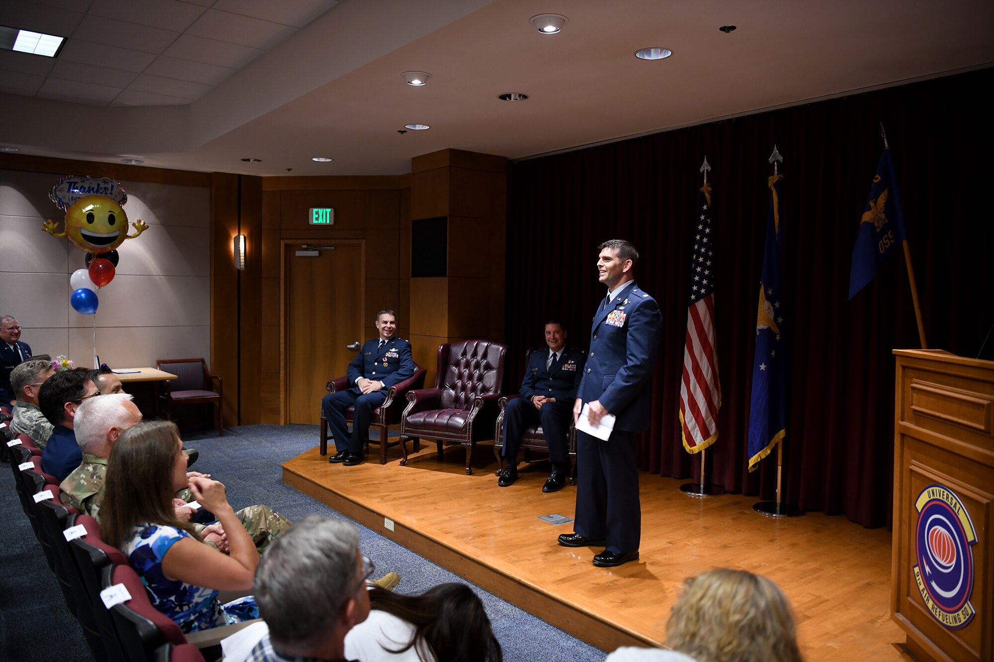 Here at Travis Air Force Base, Calif., July 13, 2019, Lt. Col. Michael L. Drew passed command of the 349th OSS to Lt. Col. Andrew H. Black.
