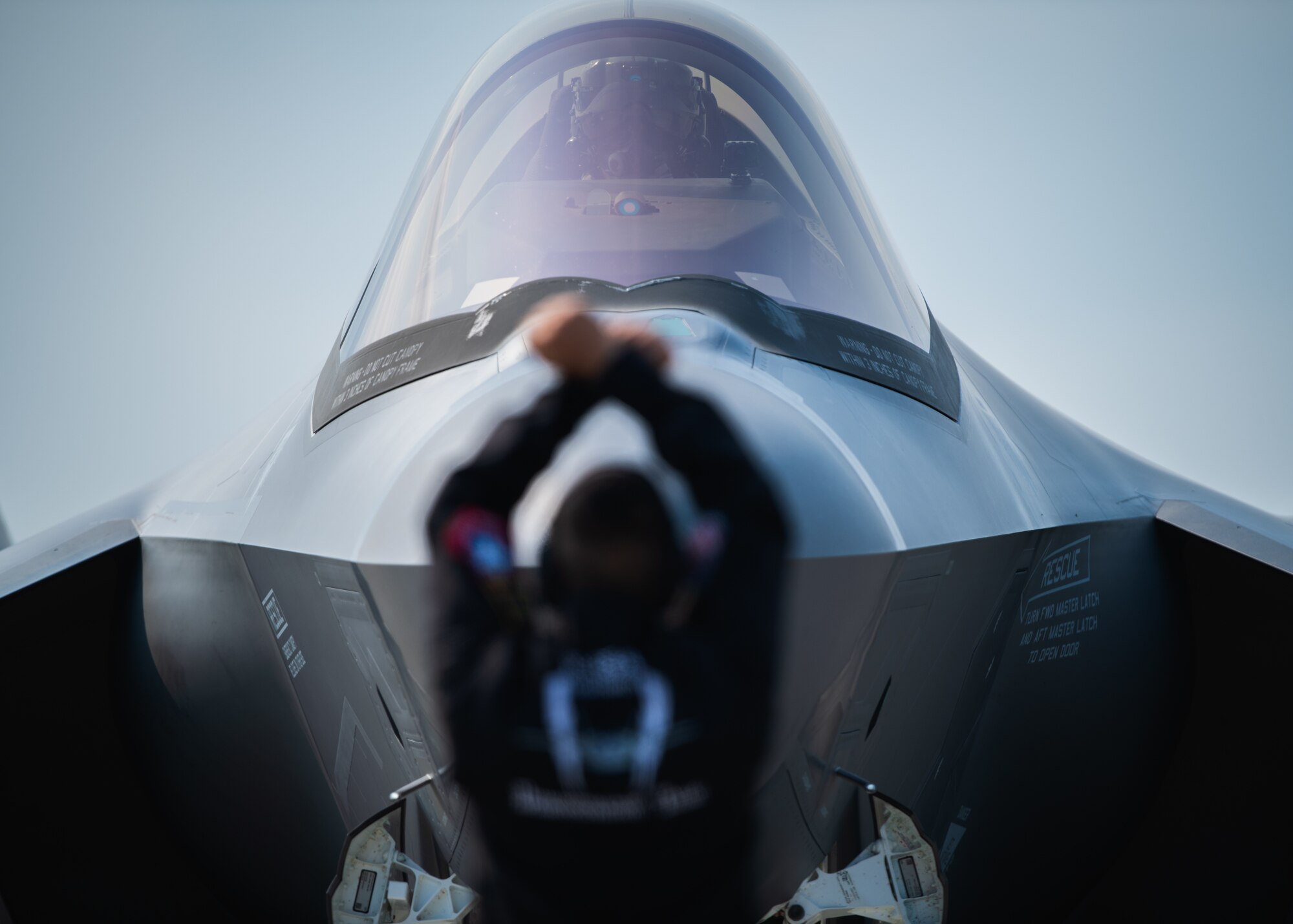 Capt. Andrew “Dojo” Olson, F-35 Demonstration Team pilot and commander prepares to taxi out to the runway during the Arctic Lightning Airshow July 13, 2019, at Eielson Air Force Base, Alaska. The aerial demonstration consists of 16 maneuvers that fully showcase the capabilities of the F-35A Lightning II. (U.S. Air Force photo by Senior Airman Alexander Cook)