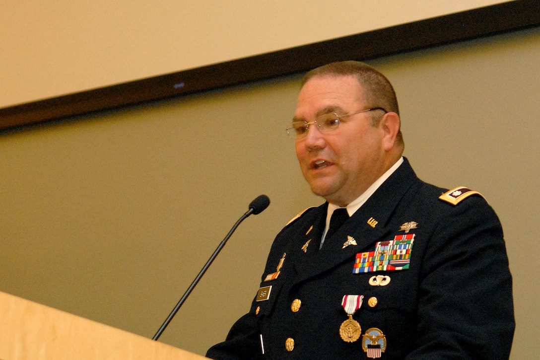 Army Lt. Col. Jimmy Baker, Medical’s Operational Customer Facing Division chief, speaks during a retirement ceremony at DLA Troop Support July 11, 2019 in Philadelphia.
