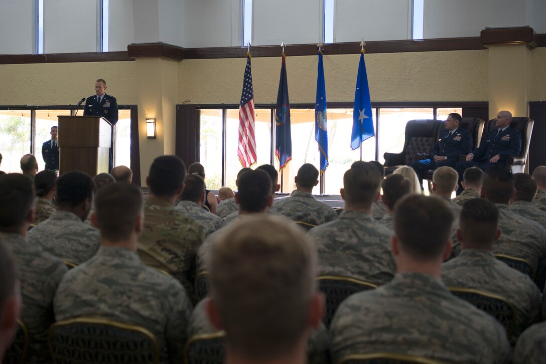 U.S. Air Force Maj. Gen. James Dawkins Jr., 8th Air Force and J-GSOC commander, speaks during the Detachment 4 change of command ceremony at Guam Air Base, June 28, 2019. Detachment 4 supports combat airpower through bomber generation and employment by providing continuity for bomber planning and flight operations within the Indo-Pacific region. (U.S. Air Force photo by 36th Air Wing Public Affairs)