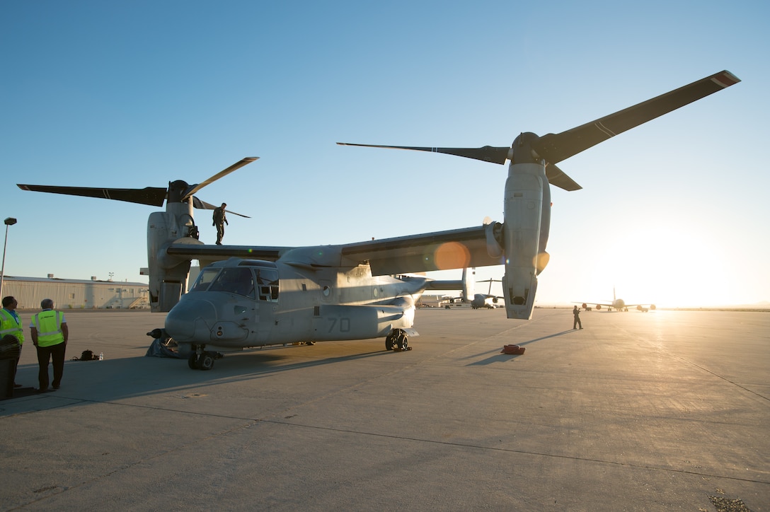 Body:  An MV-22 Osprey has come to Edwards Air Force Base for ground and flight tests as part of the process to certify the tilt-rotor aircraft to refuel behind the KC-46 Pegasus.  The MV-22 team is here from Naval Air Station Patuxent River, Maryland to conduct the joint tests with a combined Air Force, Navy and Boeing team of personnel.  (U.S. Air Force photo by Jordan Goodsell)