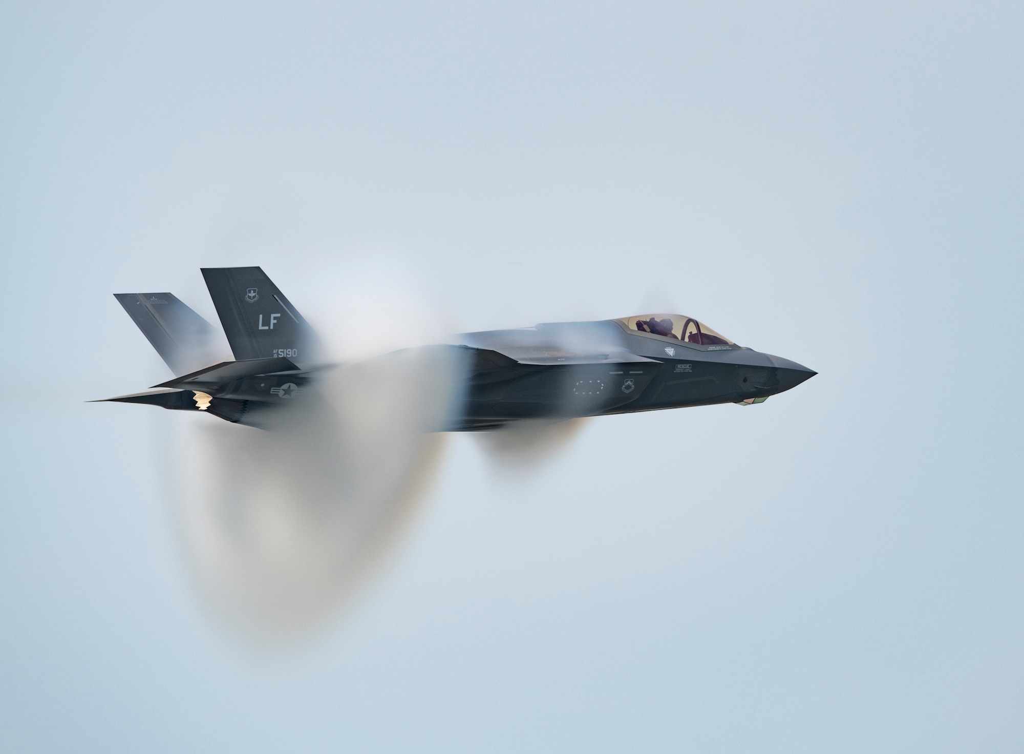 Capt. Andrew “Dojo” Olson, F-35 Demonstration Team pilot and commander performs a high-speed pass in an F-35A Lightning II during the Arctic Lightning Airshow July 13, 2019, at Eielson Air Force Base, Alaska. During the aerial maneuver, the jet reaches speeds of up to 750 miles per hour. (U.S. Air Force photo by Senior Airman Alexander Cook)