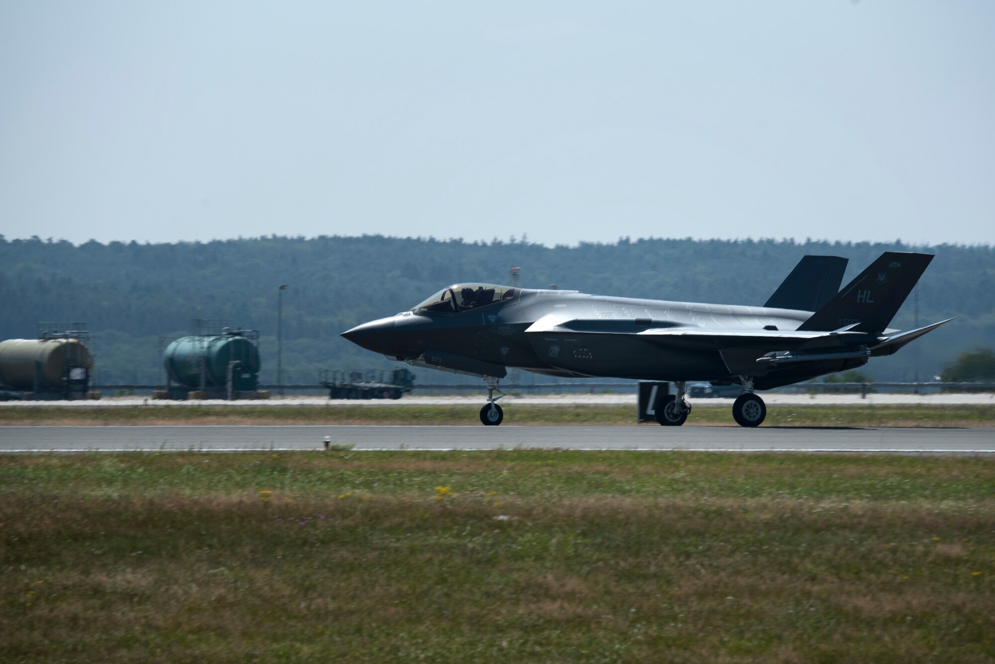 A U.S. Air Force F-35A Lightning II, assigned to the 421st Fighter Squadron, Hill Air Force Base, Utah, taxis on the flight line during Operation Rapid Forge at Spangdahlem Air Base, Germany, July 16, 2019. Rapid Forge aircraft are forward deploying to bases in the territory of NATO allies. Participation in multinational operations enhances the U.S. Air Force's professional relationship with partner militaries. (U.S. Air Force photo by Airman 1st Class Valerie Seelye)
