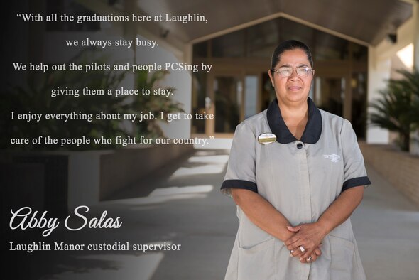 During PCS season and on graduation weekend, the Laughlin Manor’s pace of business picks up considerably. Abby Salas, 47th Force Support Squadron custodial supervisor, does not mind the extra work it adds to her plate. “We enjoy preparing the rooms for the students awaiting training and new permanent party members coming to Laughlin,” Salas said. “They may stay with us for a while before their houses or dorms are ready. We take care of them.” (U.S. Air Force graphic by Senior Airman Anne McCready)