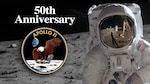 Astronaut Buzz Aldrin stands on the surface of the moon with the leg of the lunar module reflected in his visor. An Apollo II emblem is accompanied by the text 50th Anniversary.