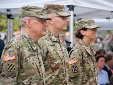 (From left) U.S. Army Brig. Gen. George Appenzeller, outgoing Brooke Army Medical Center commanding general, Brig. Gen. Jeffrey Johnson, Regional Health Command-Central commanding general, and Brig. Gen. Wendy L. Harter, incoming BAMC commanding general, look on during a change of command ceremony at Joint Base San Antonio-Fort Sam Houston July 16. Harter assumed command from Appenzeller, becoming the first woman to serve as BAMC’s commanding general.