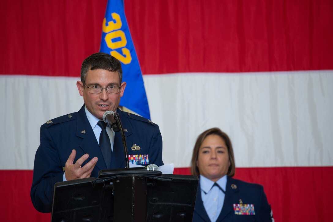 Col. Jordan Murphy, the 302nd Maintenance Group commander, addresses the maintenance group for the first time as their leader during a change of command ceremony July 14, 2019, at Peterson Air Force Base, Colorado.