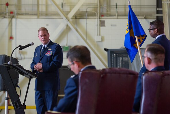 Col. James DeVere, the 302nd Airlift Wing commander, makes his opening remarks during the 302nd Maintenance Group change of command ceremony July 14, 2019, at Peterson Air Force Base, Colorado