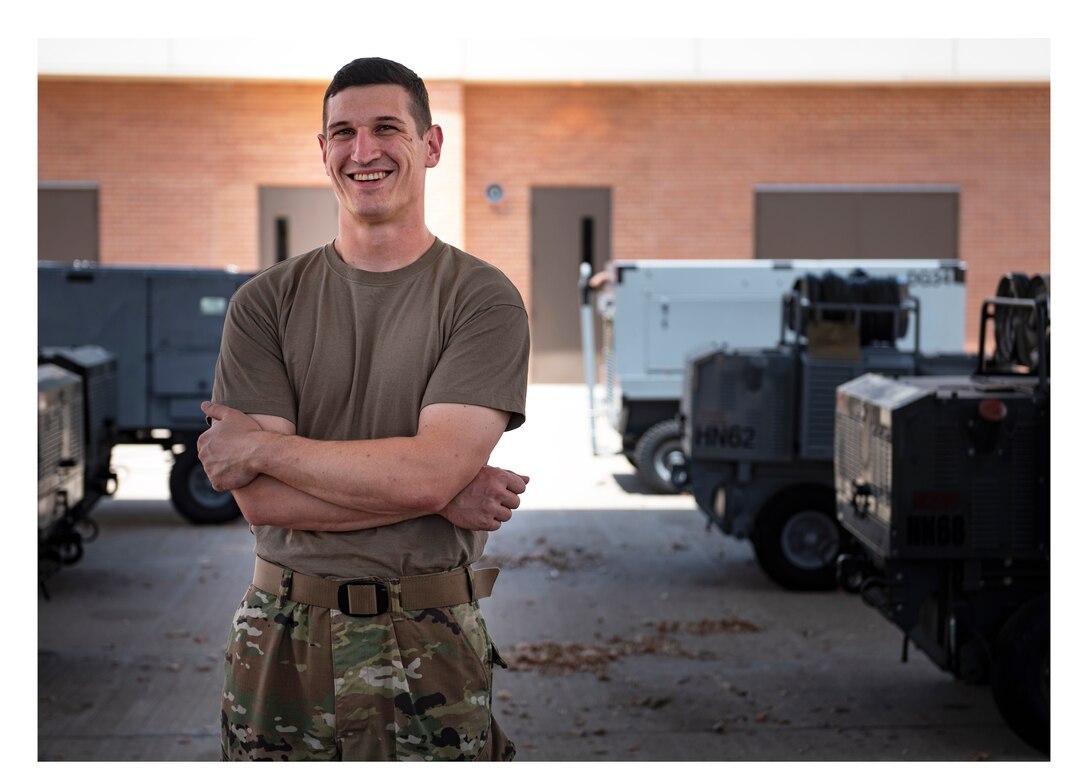 Senior Airman Shaun Lunn, 361st Training Squadron Aerospace Ground Equipment apprentice course graduate, poses for a picture at Sheppard Air Force Base, Texas, July 16, 2019. Lunn re-enlisted in 2018 after a break in service and has served for roughly nine years now. He enjoyed the military life and decided to re-enlist which lead him to the AGE course at Sheppard which he was awarded the ACE award after passing all 15 of his block tests with a perfect score. (U.S. Air Force photo by Airman 1st Class Pedro Tenorio)