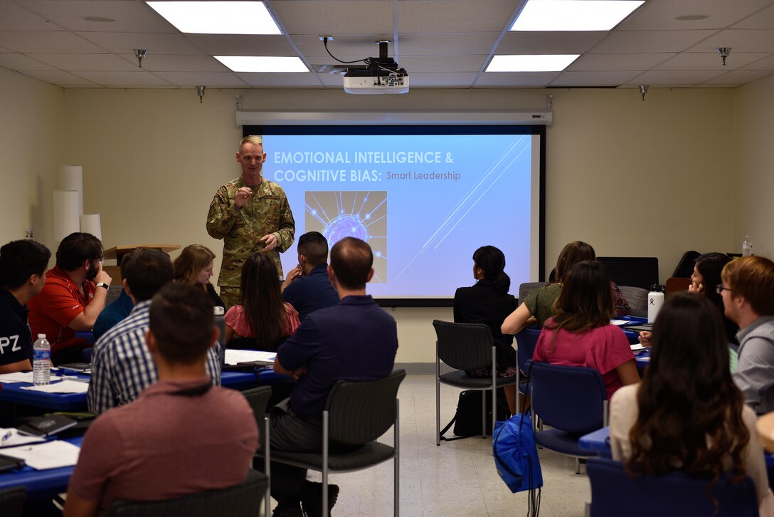 U.S. Air Force Col. David S. Miller, 377th Air Base Wing commander, talks about emotional intelligence to participants of the Intern “Meet Up” at Kirtland Air Force Base, N.M., July 16, 2019. This event was created to help create social connections amongst interns working at Kirtland and provide necessary support for their career. (U.S. Air Force photo by Airman 1st Class Austin J. Prisbrey)