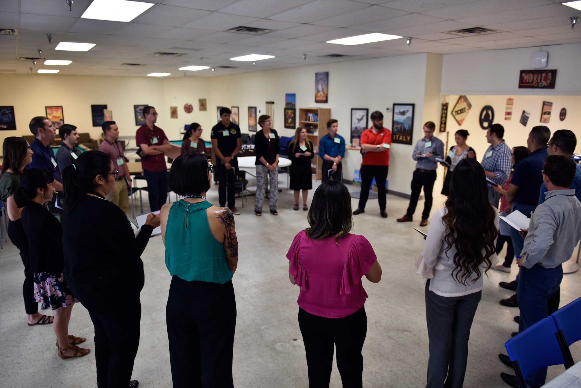 Participants of the Intern “Meet Up” introduce themselves as part of a shared values activity at Kirtland Air Force Base, N.M., July 16, 2019. Twenty-two interns, representing multiple Kirtland mission partners, attended the event. (U.S. Air Force photo by Airman 1st Class Austin J. Prisbrey)