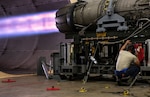 U.S. Air Force Senior Airman Skyler Fleming, 20th Component Maintenance Squadron engine test facility (ETF) journeyman, inspects an active General Electric F110-GE-129 engine at Shaw Air Force Base, S.C., May 29, 2019. Airmen assigned to the ETF facility ensure all engines tested are compliant with the standards set by General Electric engineers. (U.S. Air Force photo by Senior Airman Christopher Maldonado)