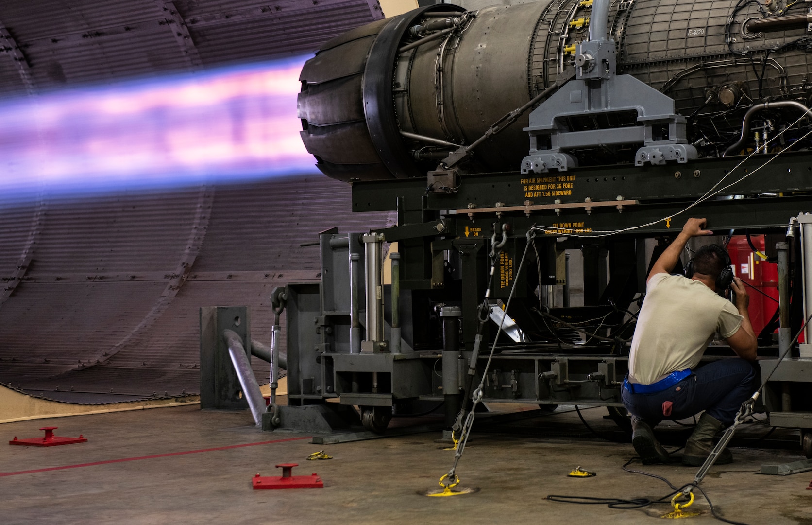 U.S. Air Force Senior Airman Skyler Fleming, 20th Component Maintenance Squadron engine test facility (ETF) journeyman, inspects an active General Electric F110-GE-129 engine at Shaw Air Force Base, S.C., May 29, 2019. Airmen assigned to the ETF facility ensure all engines tested are compliant with the standards set by General Electric engineers. (U.S. Air Force photo by Senior Airman Christopher Maldonado)
