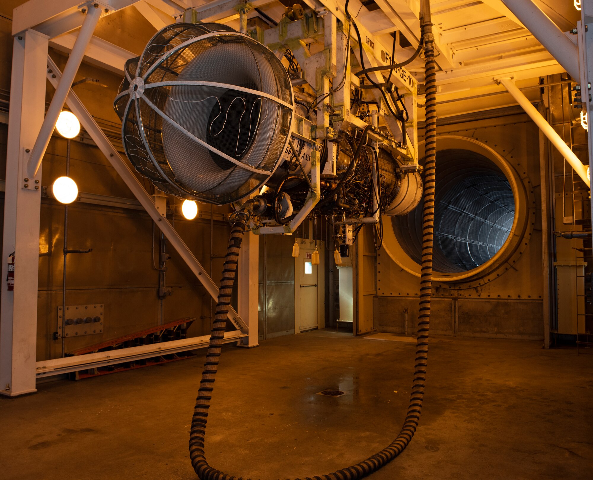 A F-118 engine awaits diagnostic testing on July 9, 2019, at Whiteman Air Force Base, Missouri, The F-118 is the life source of the B-2 Spirit, the U.S. Air Force's premier stealth bomber. (U.S. Air Force photo by Staff Sgt. Kayla White)