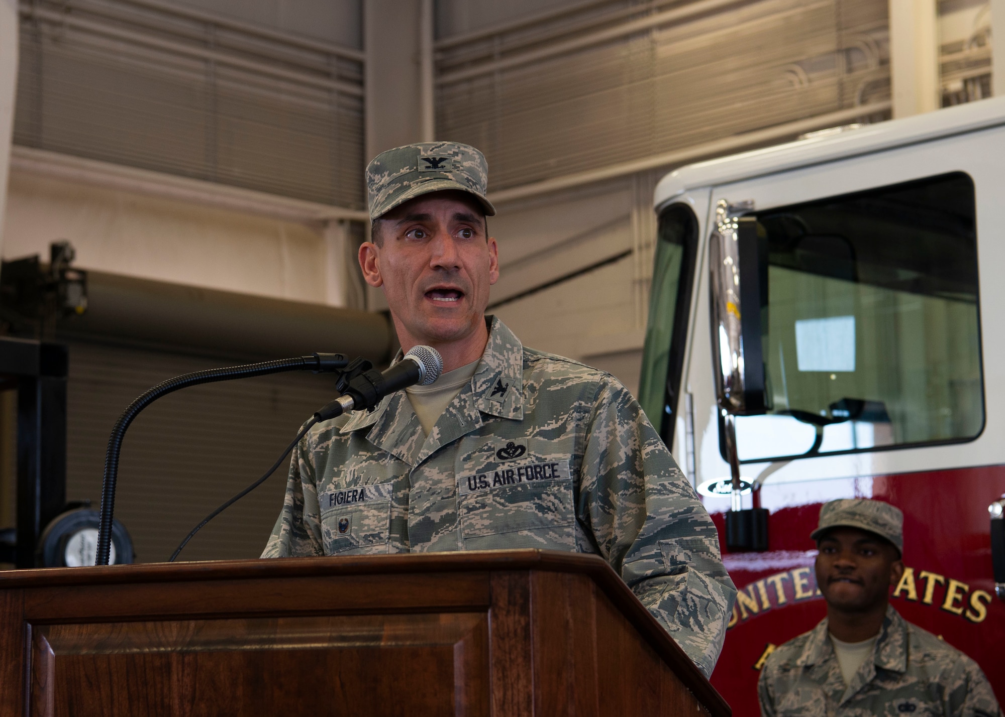 U.S. Air Force Col. Anthony Figiera, commander 99th Mission Support Group, speaks after assuming command of the 99th MSG at Nellis AFB, July 7, 2019. Figiera is directly responsible for contracting, communications, civil engineering, force support, logistics readiness, and security for Air Combat Command’s largest installation. (U.S. Air Force photo by SrA Stephanie Gelardo)