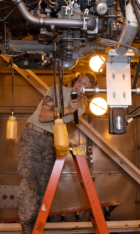 Airman 1st Class Kyle Jacob, an aerospace propulsion Airman assigned the 509th Maintenance Squadron, inspects a F-118 engine before diagnostic testing on July 9, 2019, at Whiteman Air Force Base, Missouri. Jacob and other members of the jet propulsion flight work daily to ensure the fleet of B-2 Spirits at Whiteman AFB have the engines needed to accomplish the mission, with plenty to spare, giving Whiteman the highest readiness rate across the active-duty Air Force. (U.S. Air Force photo by Staff Sgt. Kayla White)