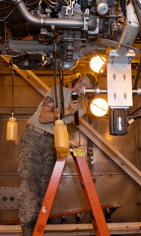 Airman 1st Class Kyle Jacob, an aerospace propulsion Airman assigned the 509th Maintenance Squadron, inspects a F-118 engine before diagnostic testing on July 9, 2019, at Whiteman Air Force Base, Missouri. Jacob and other members of the jet propulsion flight work daily to ensure the fleet of B-2 Spirits at Whiteman AFB have the engines needed to accomplish the mission, with plenty to spare, giving Whiteman the highest readiness rate across the active-duty Air Force. (U.S. Air Force photo by Staff Sgt. Kayla White)