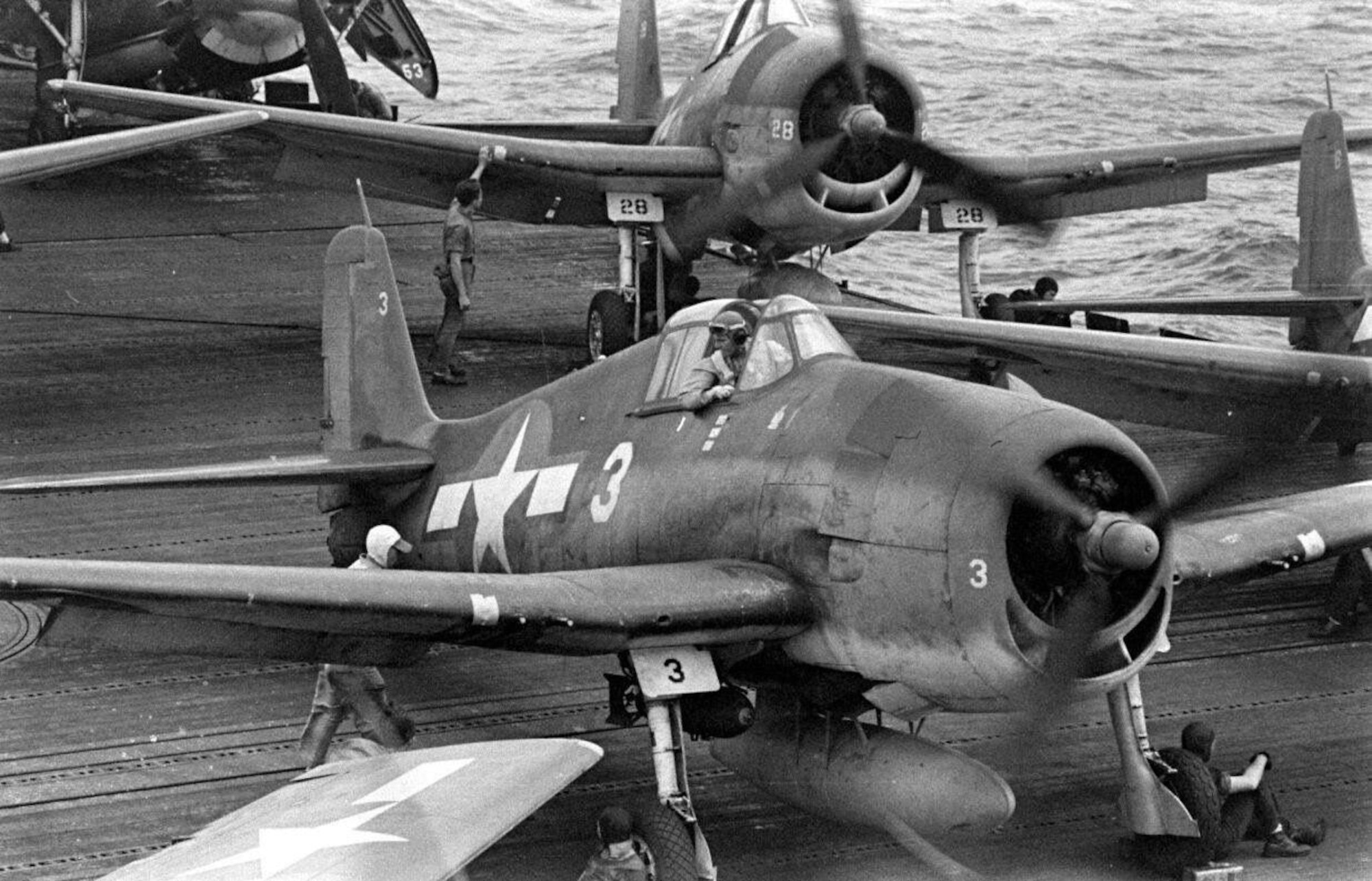 The Navy F-6F Hellcat, such as these assigned to the second USS Lexington, in summer 1944, conducted many of the attacks on Japanese aircraft during the battle of the Philippine Sea. It served as the Navy's dominant fighter in the second half of the Pacific War.