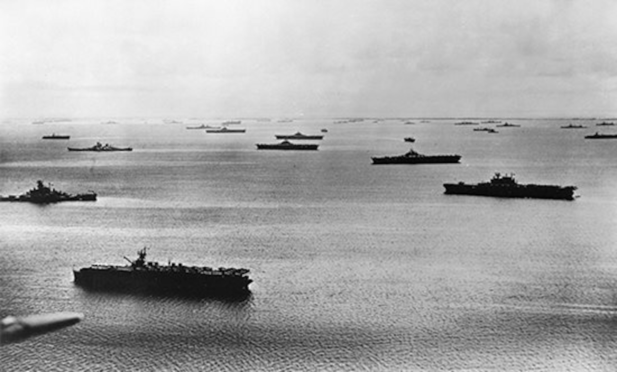 U.S. Navy Task Force 58 at anchor at Majuro, Marshall Islands, on April 25, 1944, prior to the battle of the Philippine Sea. It consisted of fifteen carriers, seven fast battleships 13 cruisers, 58 destroyers and about 900 aircraft at the time.