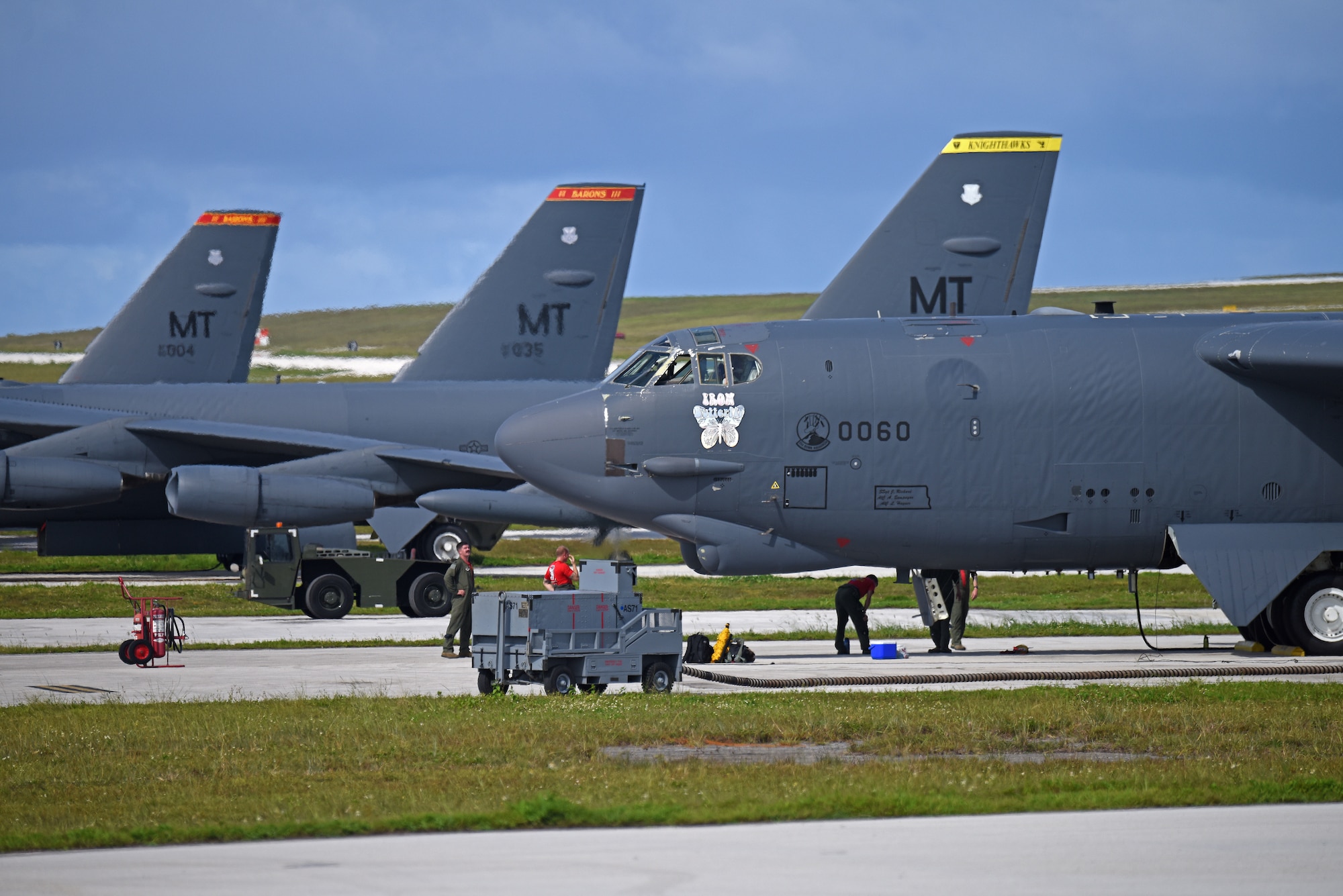 B-52 Stratofortress bombers from the 69th Expeditionary Bomb Squadron, deployed from Minot Air Force Base, North Dakota, park on a flightline July 12, 2019, at Andersen Air Force Base, Guam.