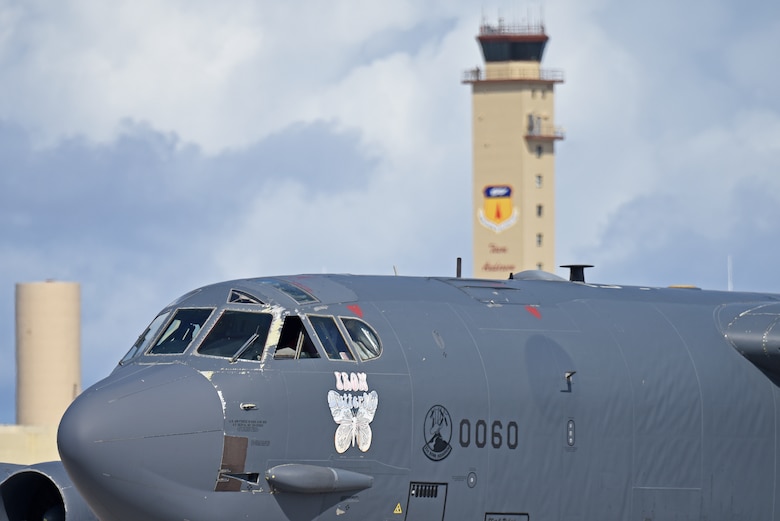 A B-52 Stratofortress from the 69th Expeditionary Bomb Squadron, deployed from Minot Air Force Base, North Dakota, lands July 12, 2019, at Andersen Air Force Base, Guam.