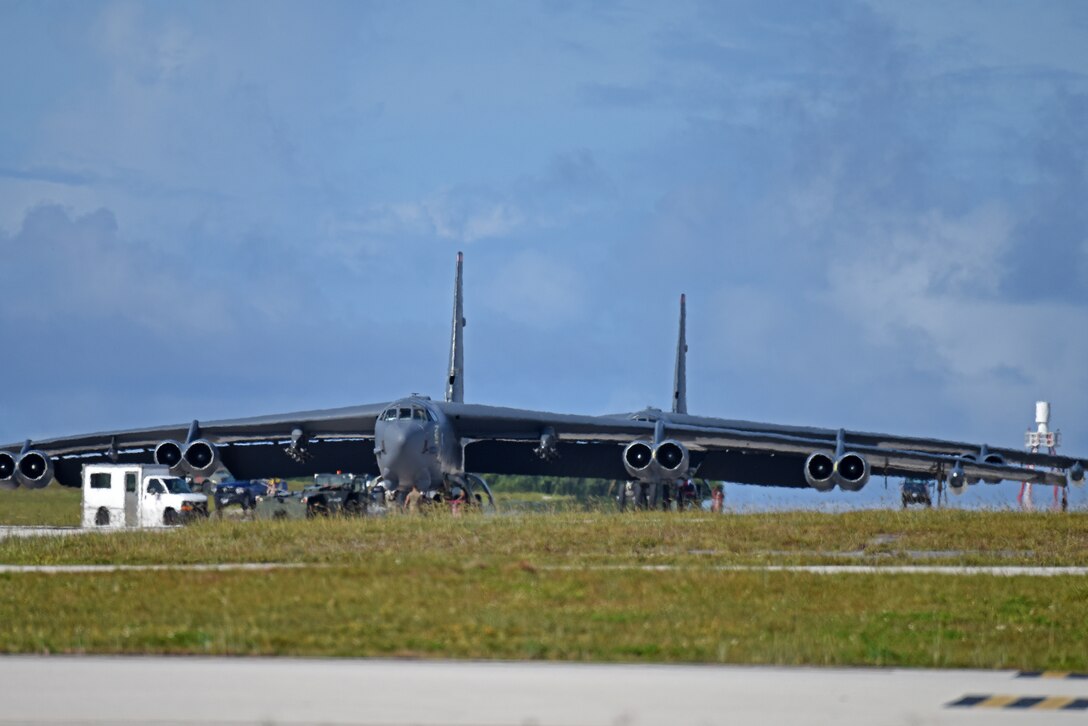 Two B-52 Stratofortress bombers from the 69th Expeditionary Bomb Squadron, deployed from Minot Air Force Base, North Dakota, land July 12, 2019, at Andersen Air Force Base, Guam.