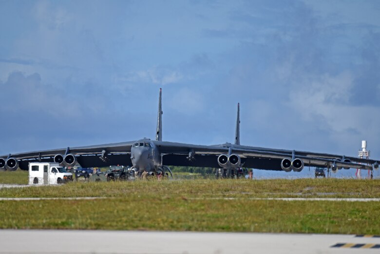 Two B-52 Stratofortress bombers from the 69th Expeditionary Bomb Squadron, deployed from Minot Air Force Base, North Dakota, land July 12, 2019, at Andersen Air Force Base, Guam.
