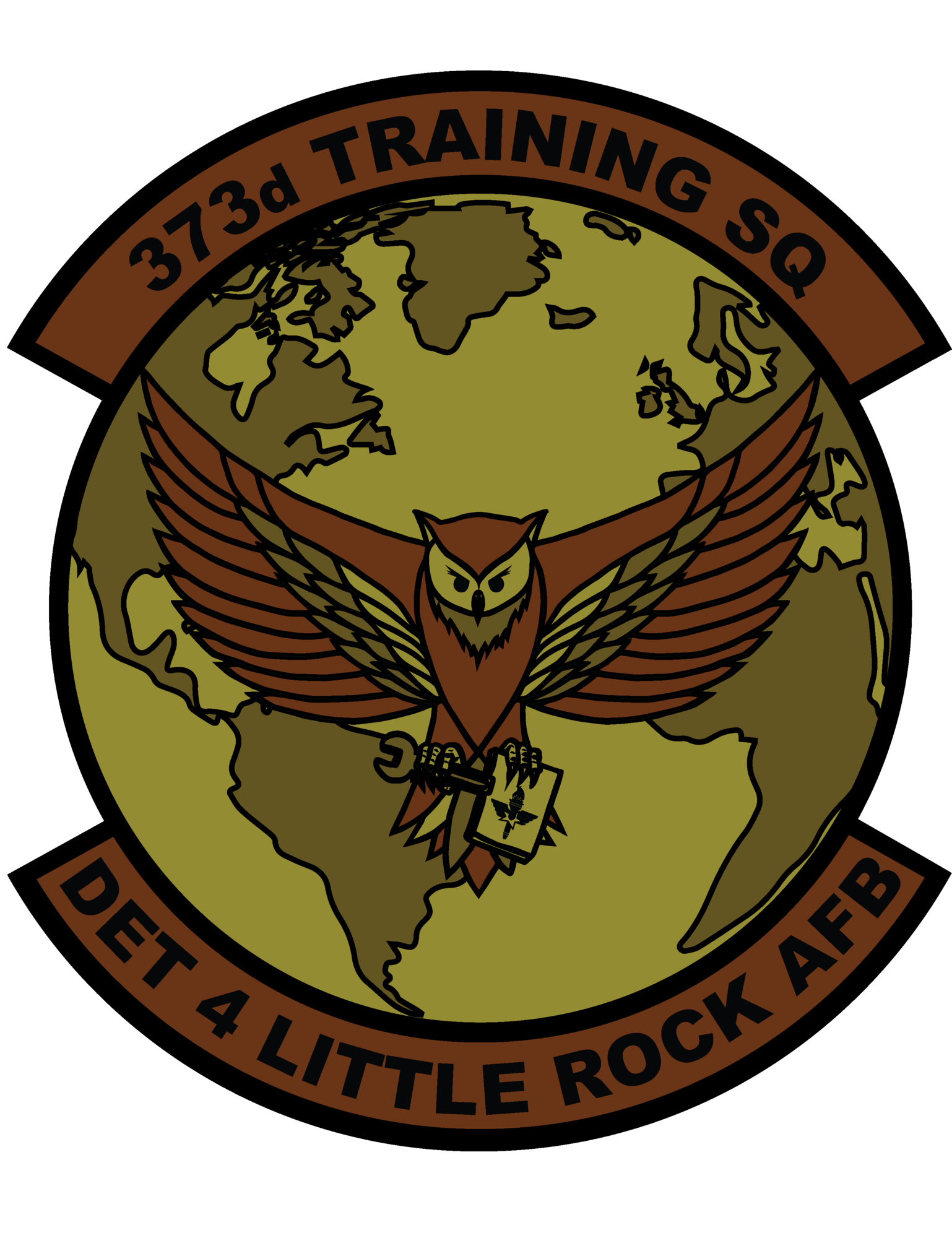 Brown graphic owl flies toward viewer from the earth, with words 373d Training Sq above it, and DET 4 Little Rock AFB below it.