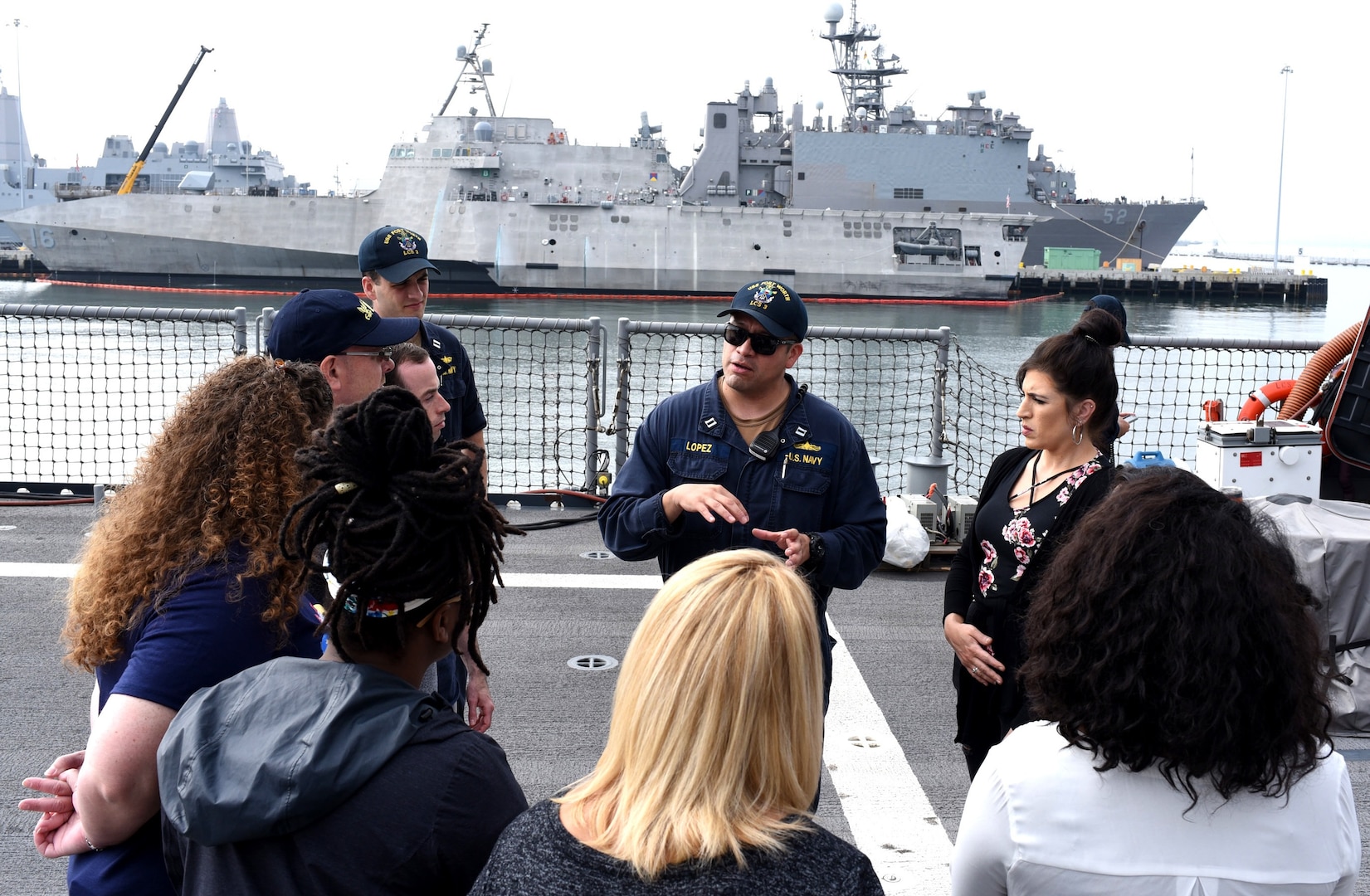 Lt. Charlie Lopez, chief engineer assigned to the Freedom-class littoral combat ship, USS FORT WORTH (LCS 3) briefs educators and counselors from Central and South Texas on the ship’s mission and capabilities during Navy Recruiting District San Antonio’s annual Educator Orientation Visit July 10.  The EOV is a Navy Recruiting Command program with a main focus of showing educators the various facets of America’s Navy and the many career paths available to students.