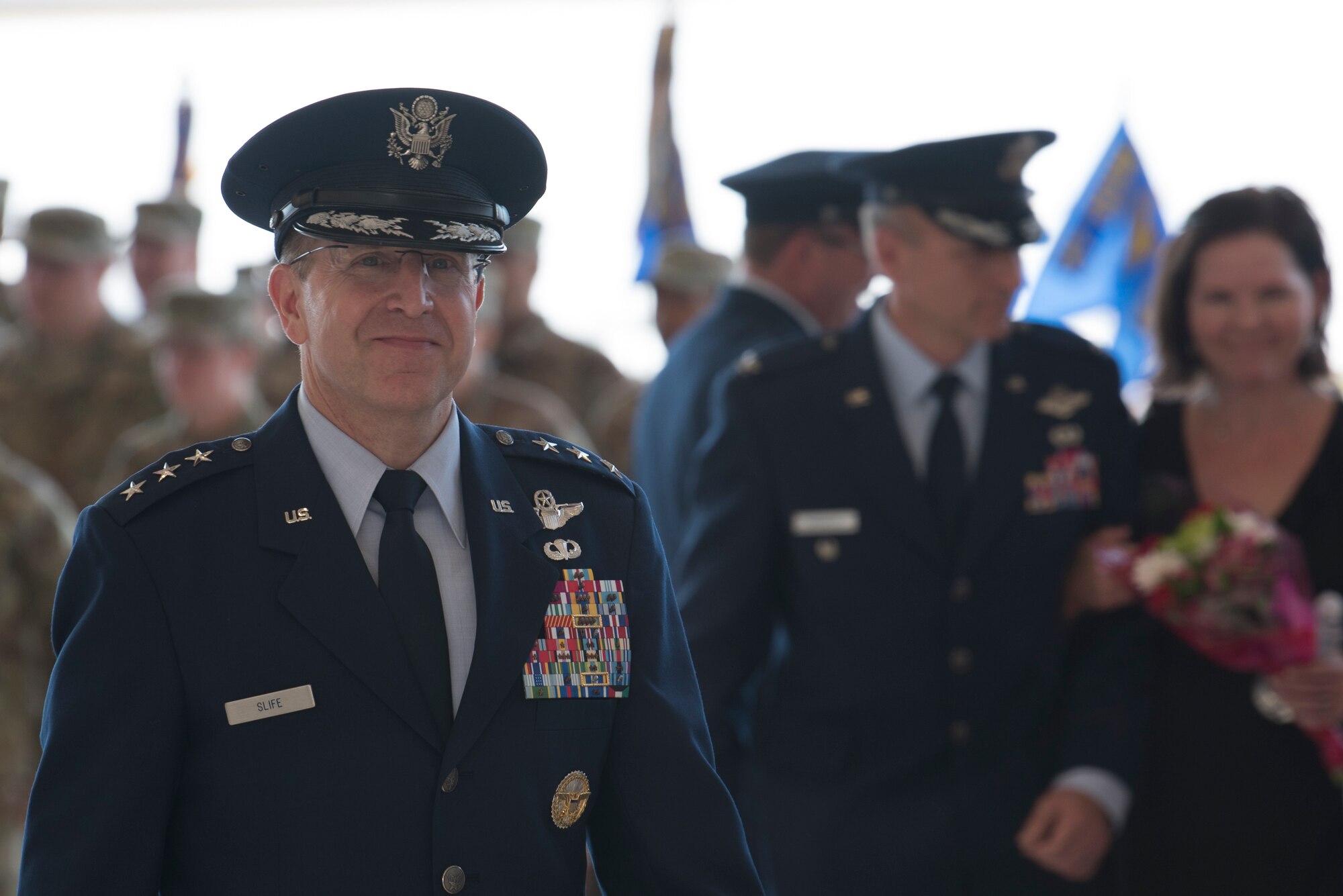 Lt. Gen. Jim Slife, Air Force Special Operations Command commander, departs the 27th Special Operations Wing change of command ceremony, July 17, 2019, at Cannon Air Force Base, N.M. Col. Robert Masaitis took command from the outgoing commander, Col. Stewart Hammons. (U.S. Air Force photo by Senior Airman Vernon R. Walter III)