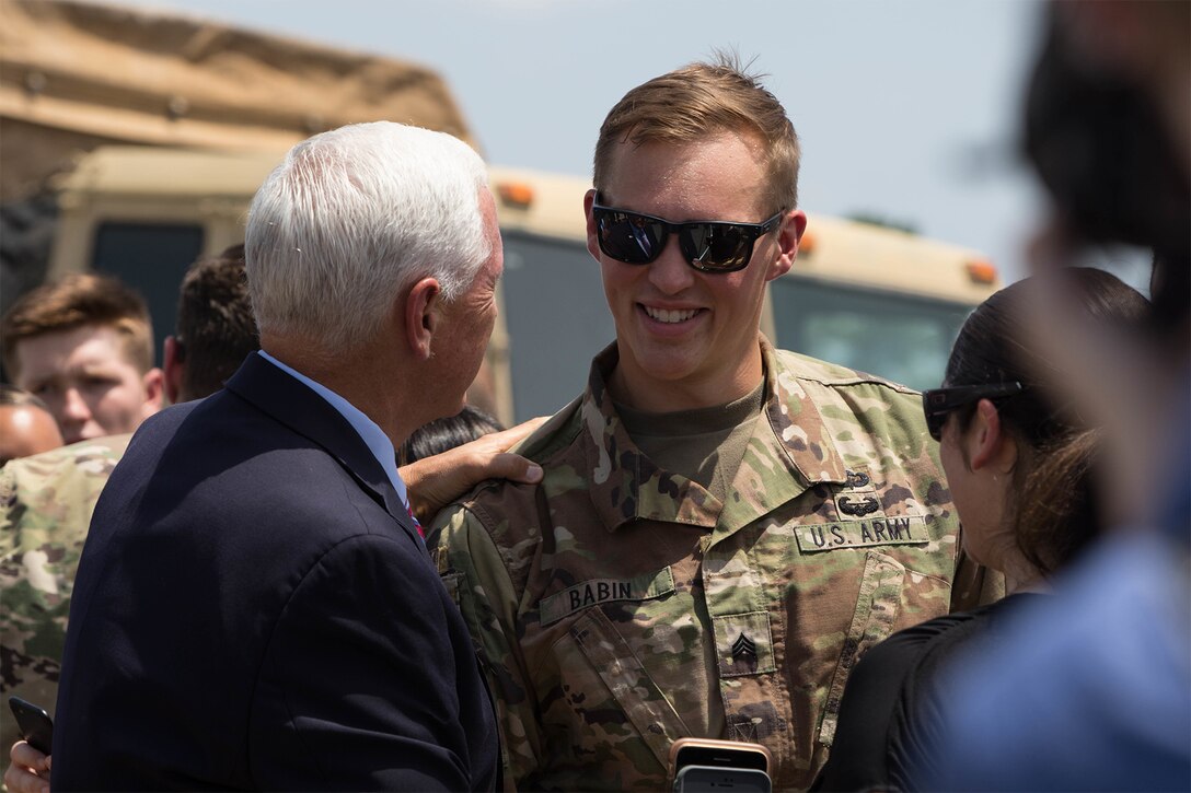Vice President Mike Pence greets a soldier.