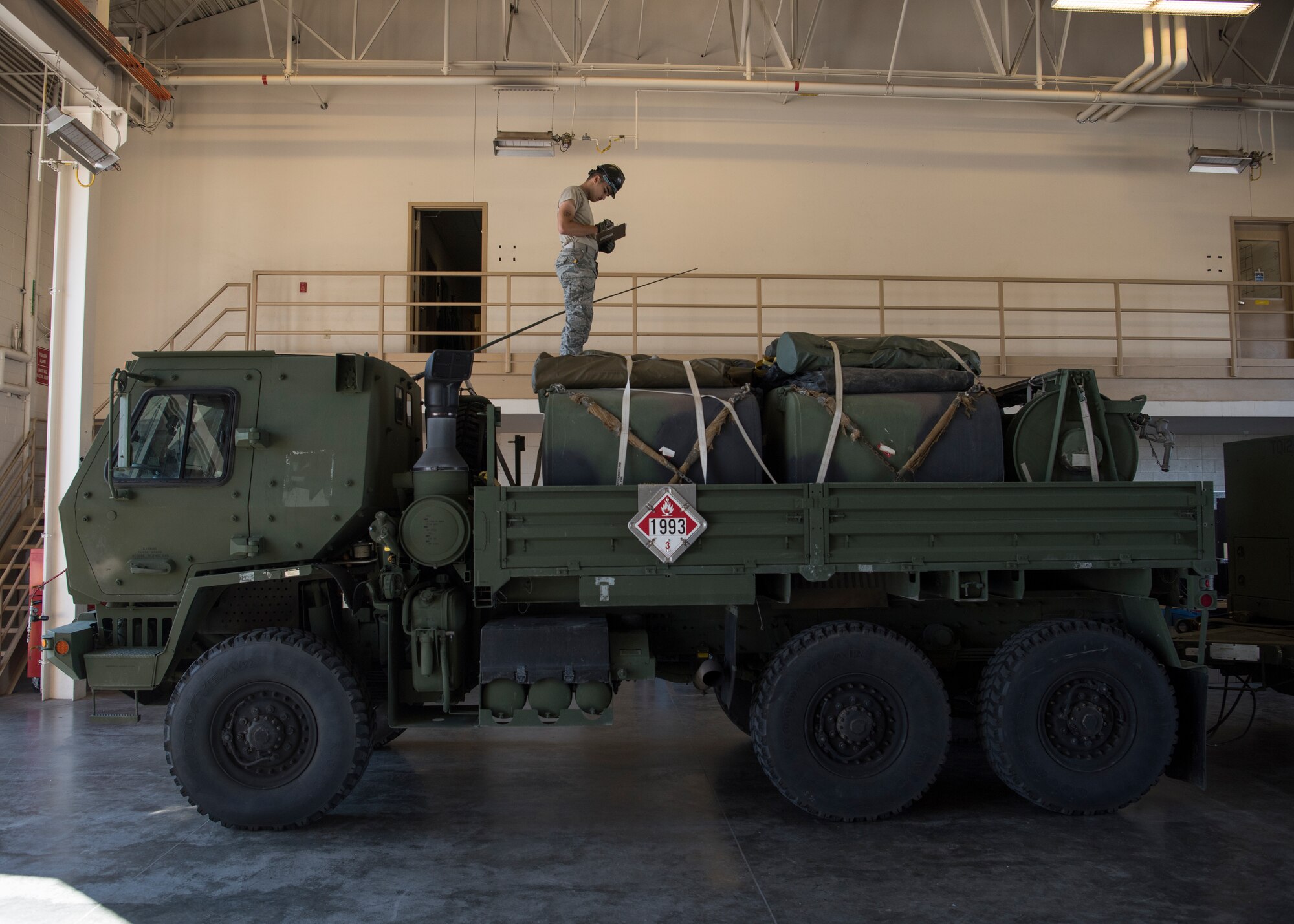 Airman 1st Class Everett Graham, 726th Air Control Squadron power production journeyman, takes inventory on a Medium Tactical Vehicle in preparation for an exercise July 9, 2019, at Mountain Home Air Force Base, Idaho. The 726th ACS Conducts deployment exercises in order to increase their mission readiness. (U.S. Air Force photo by Airman 1st Class Andrew Kobialka)