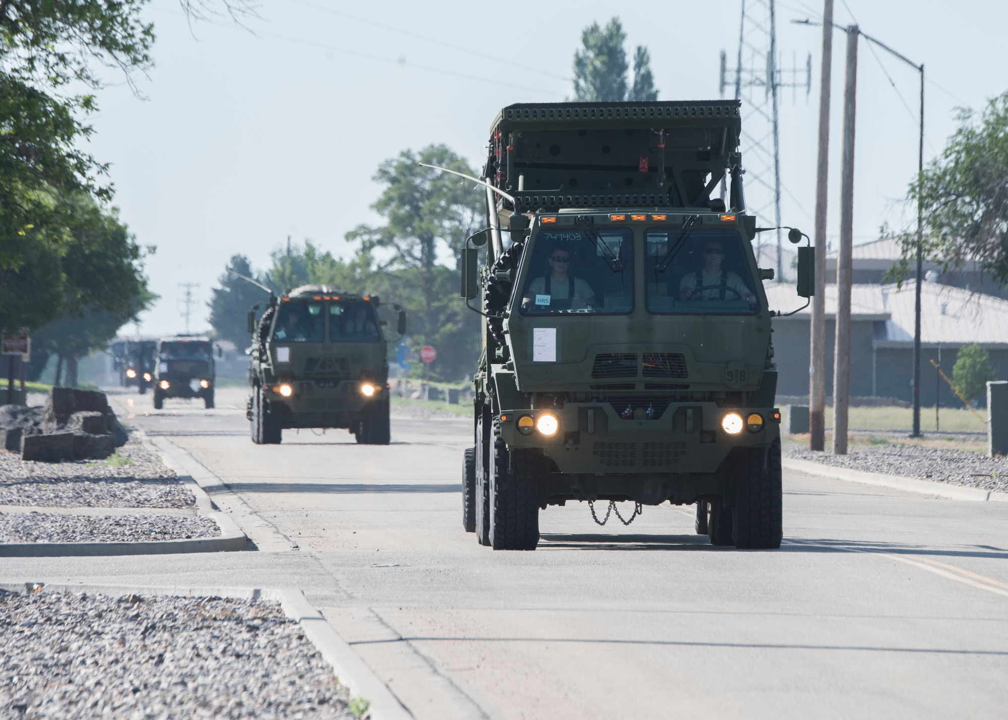 Airmen from the 726th Air Control Squadron travel in a convoy as they conduct their deployment readiness exercise July 14, 2019, at Mountain Home Air Force Base, Idaho. The 726th ACS conducts deployment exercises in order to increase their mission readiness. (U.S. Air Force photo by Senior Airman Tyrell Hall)