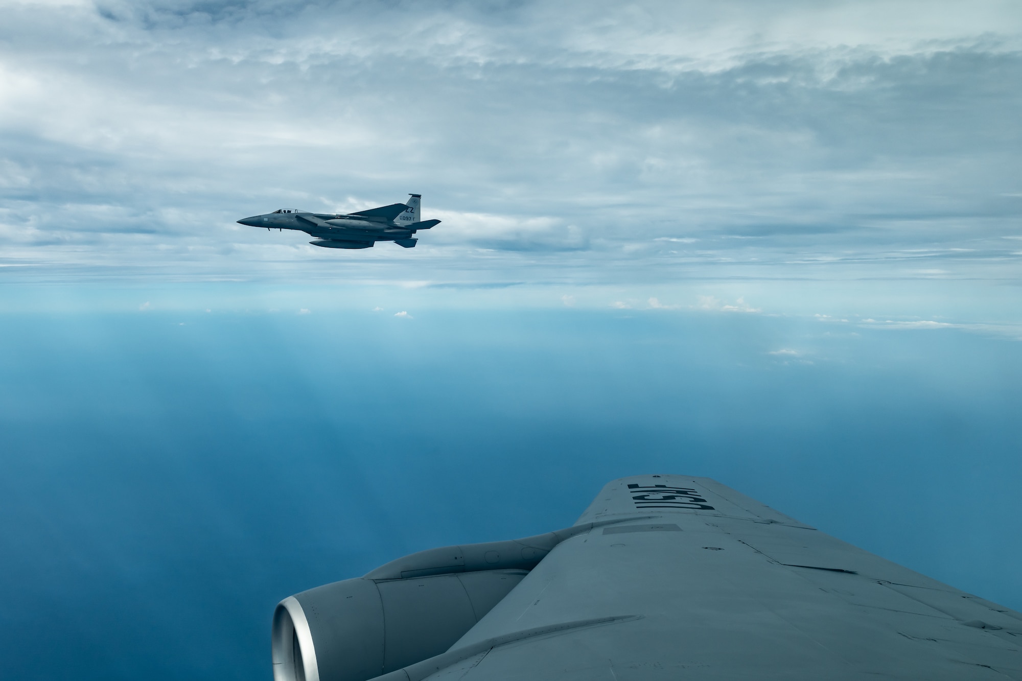 An F-15C Eagle from the 44th Fighter Squadron flies during a training exercise July 10, 2019, out of Kadena Air Base, Japan. The F-15 Eagle is an all-weather, maneuverable, tactical fighter designed to permit the Air Force to gain and maintain air supremacy over the battlefield. (U.S. Air Force photo by Airman 1st Class Matthew Seefeldt)