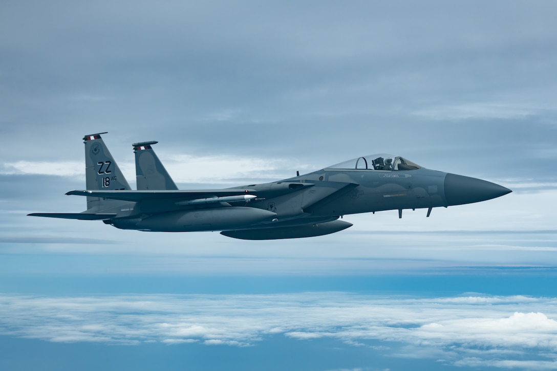 An F-15C Eagle from the 44th Fighter Squadron flies during a training exercise July 10, 2019, out of Kadena Air Base, Japan. The F-15C Eagle is an all-weather, maneuverable, tactical fighter designed to permit the Air Force to gain and maintain air superiority over the battlefield. (U.S. Air Force photo by Airman 1st Class Matthew Seefeldt)