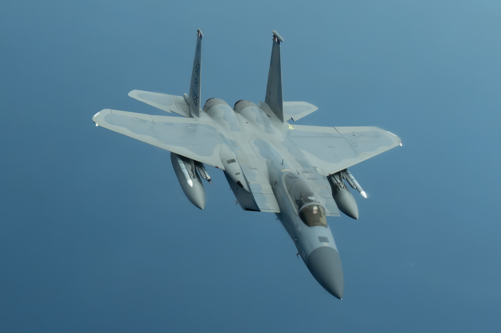 An F-15C Eagle from the 44th Fighter Squadron flies during a training exercise July 10, 2019, out of Kadena Air Base, Japan. The F-15C Eagle is an all-weather, maneuverable, tactical fighter designed to permit the Air Force to gain and maintain air superiority over the battlefield. (U.S. Air Force photo by Airman 1st Class Matthew Seefeldt)