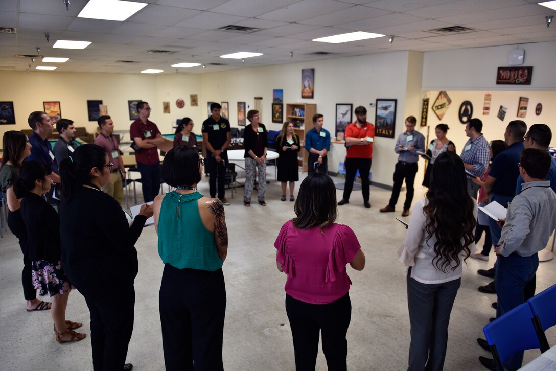 Participants of the Intern “Meet Up” introduce themselves as part of a shared values activity at Kirtland Air Force Base, N.M., July 16, 2019. Twenty-two interns, representing multiple Kirtland mission partners, attended the event. (U.S. Air Force photo by Airman 1st Class Austin J. Prisbrey)