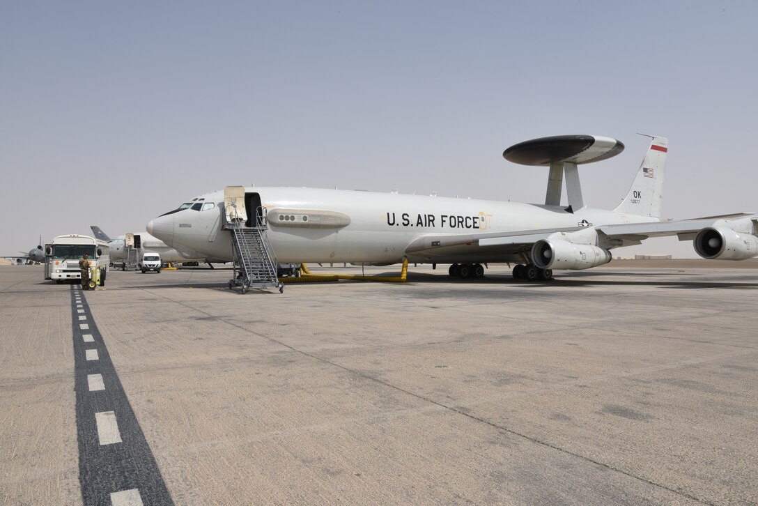 An E-3 Sentry Airborne Warning and Control System aircraft awaits its crew on Al Dhafra Air Base, United Arab Emirates, June 26, 2019.