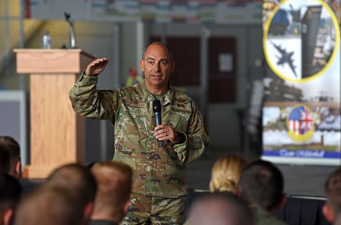 U.S. Air Force Gen. Jeff Harrigian, U.S. Air Forces in Europe - Air Forces Africa commander, discusses his priorities during an all-call at Hangar 814 on RAF Mildenhall, England, July 15, 2019. During the visit, Harrigian stressed the importance of strengthening partnerships through various exercises and a shared, common goal